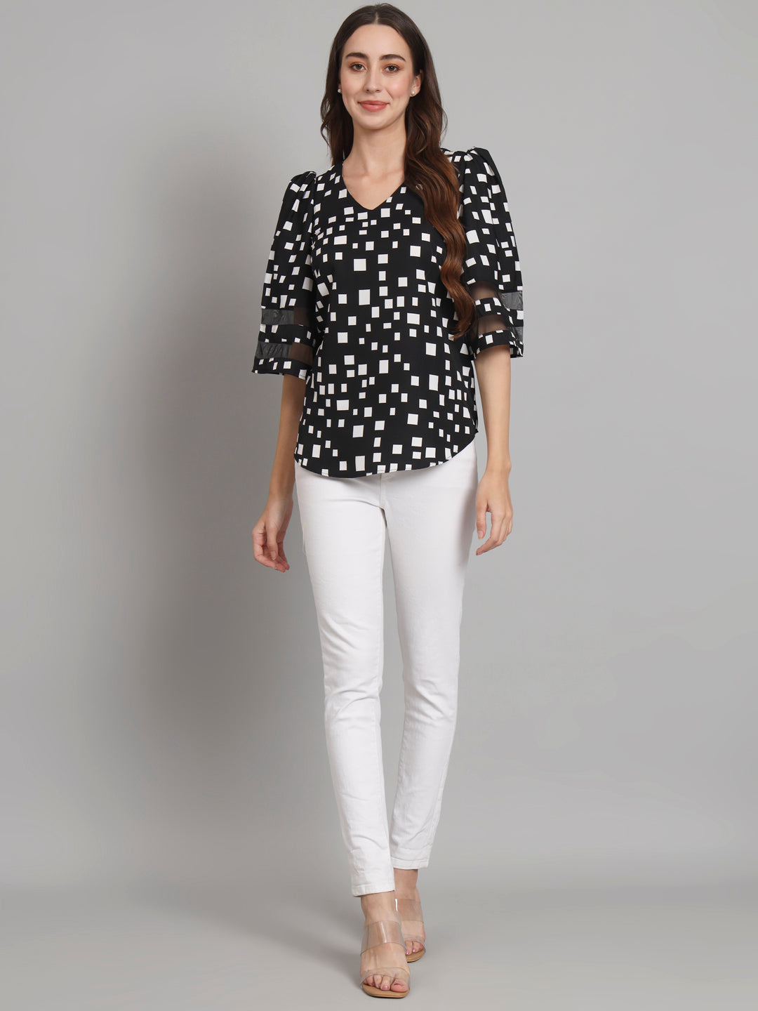 Curvydobe Black Geometric print Bell Sleeves top