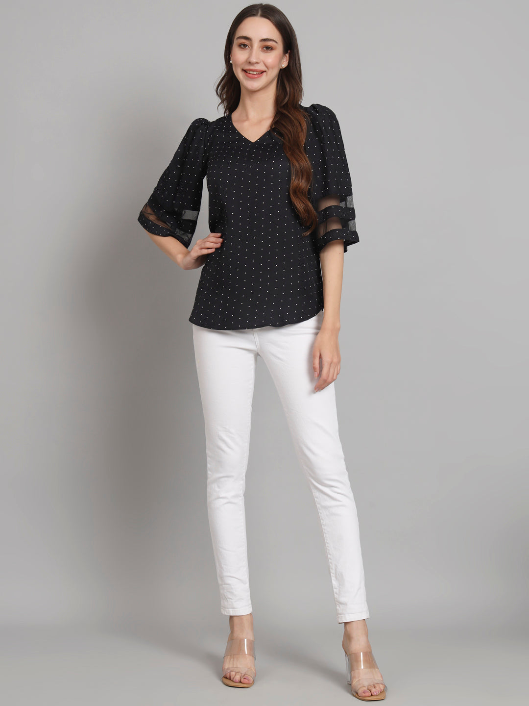Curvydobe Black Polka dot print Bell Sleeves top