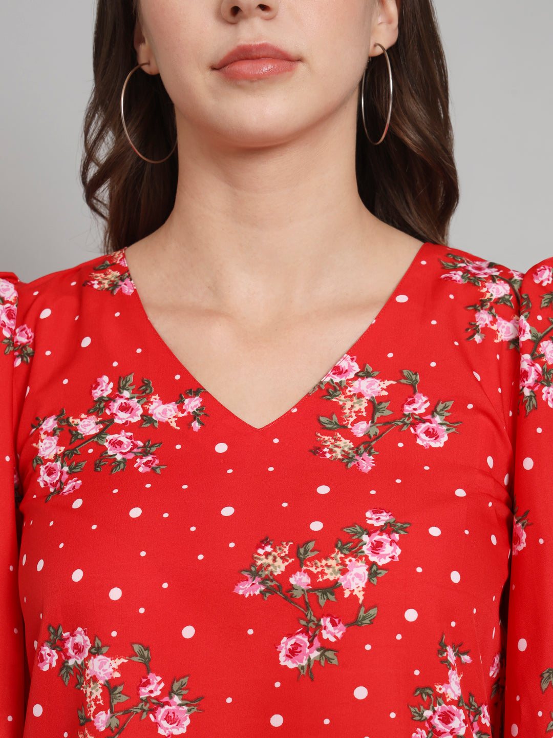 Curvydobe Red Polka dot printed Bell Sleeves top