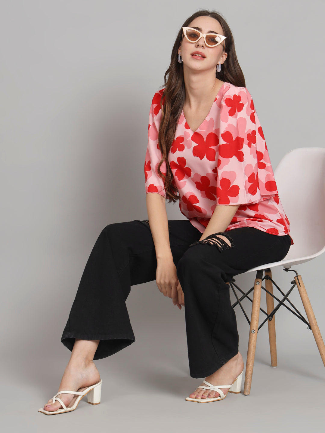 Curvydobe Pink floral print Bell Sleeves top