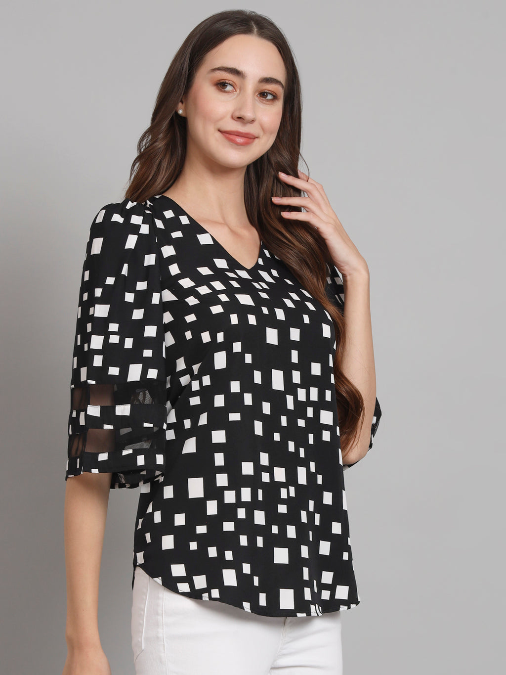 Curvydobe Black Geometric print Bell Sleeves top