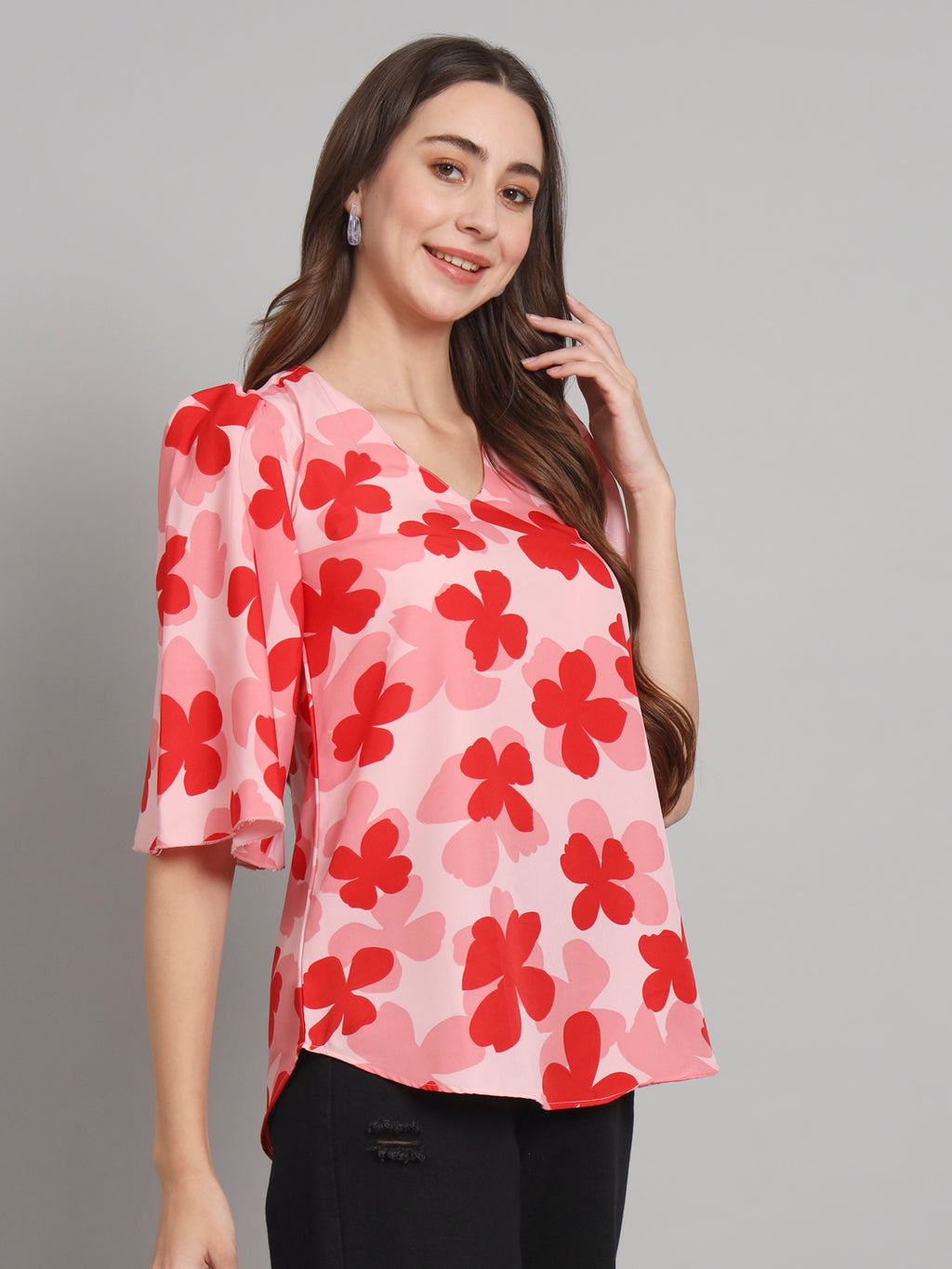 Curvydobe Pink floral print Bell Sleeves top