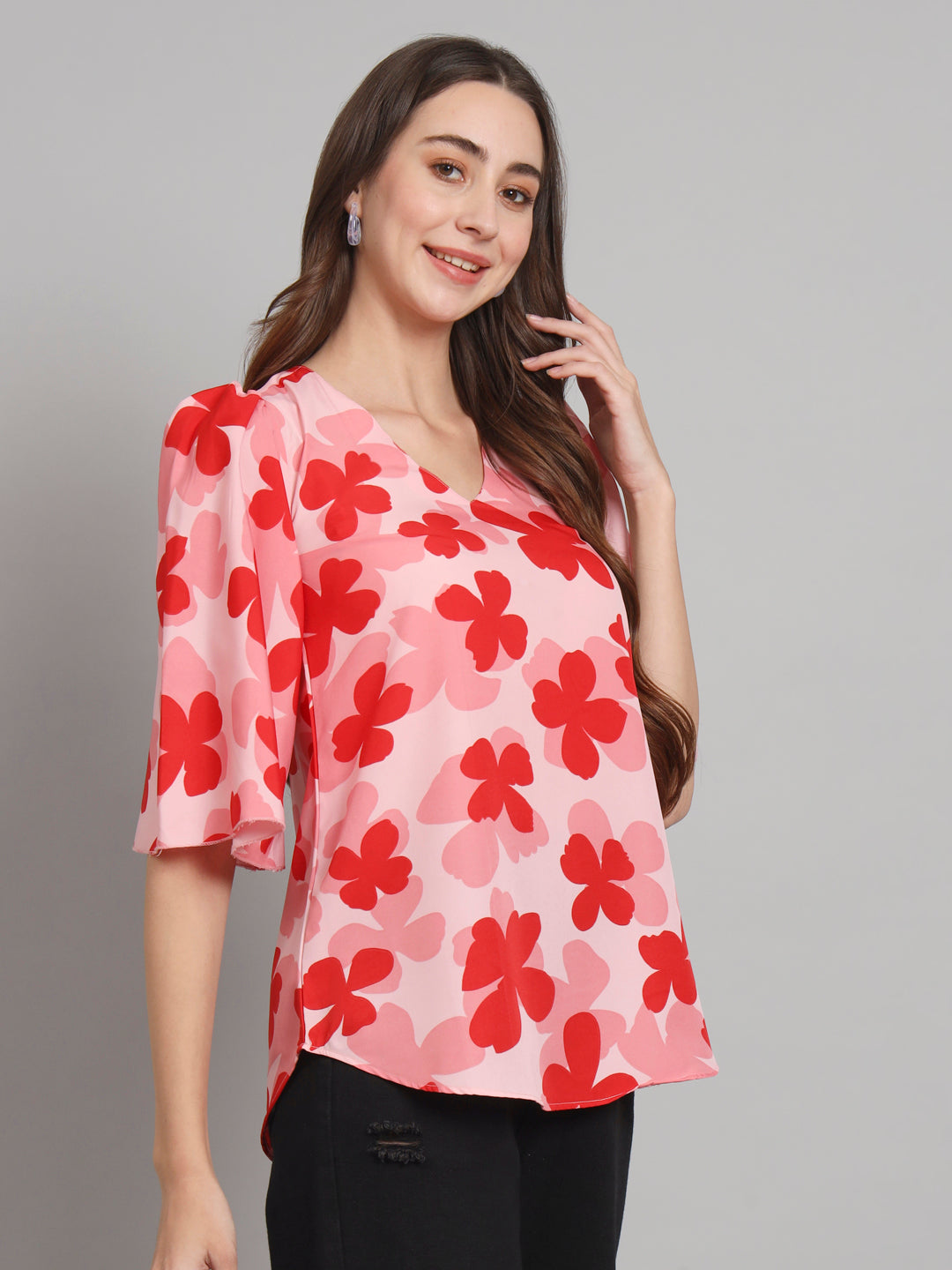 Curvydobe Pink floral print Bell Sleeves top