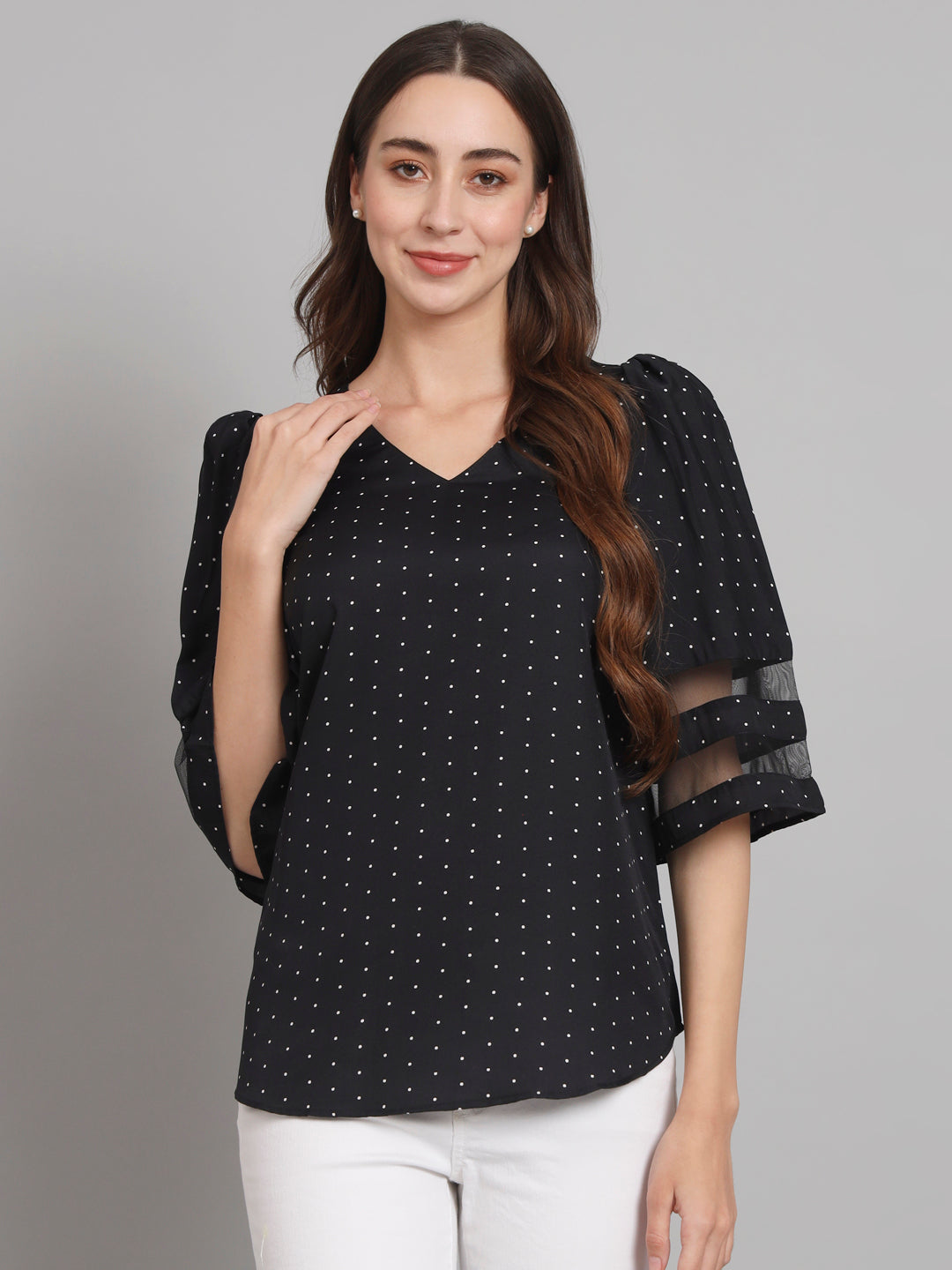 Curvydobe Black Polka dot print Bell Sleeves top