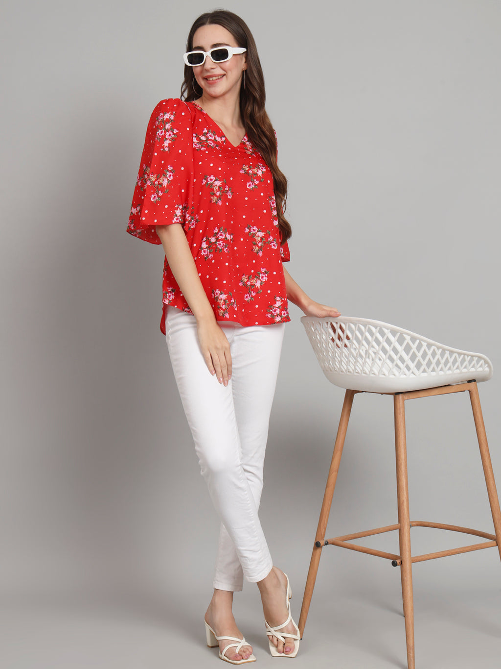 Curvydobe Red Polka dot printed Bell Sleeves top