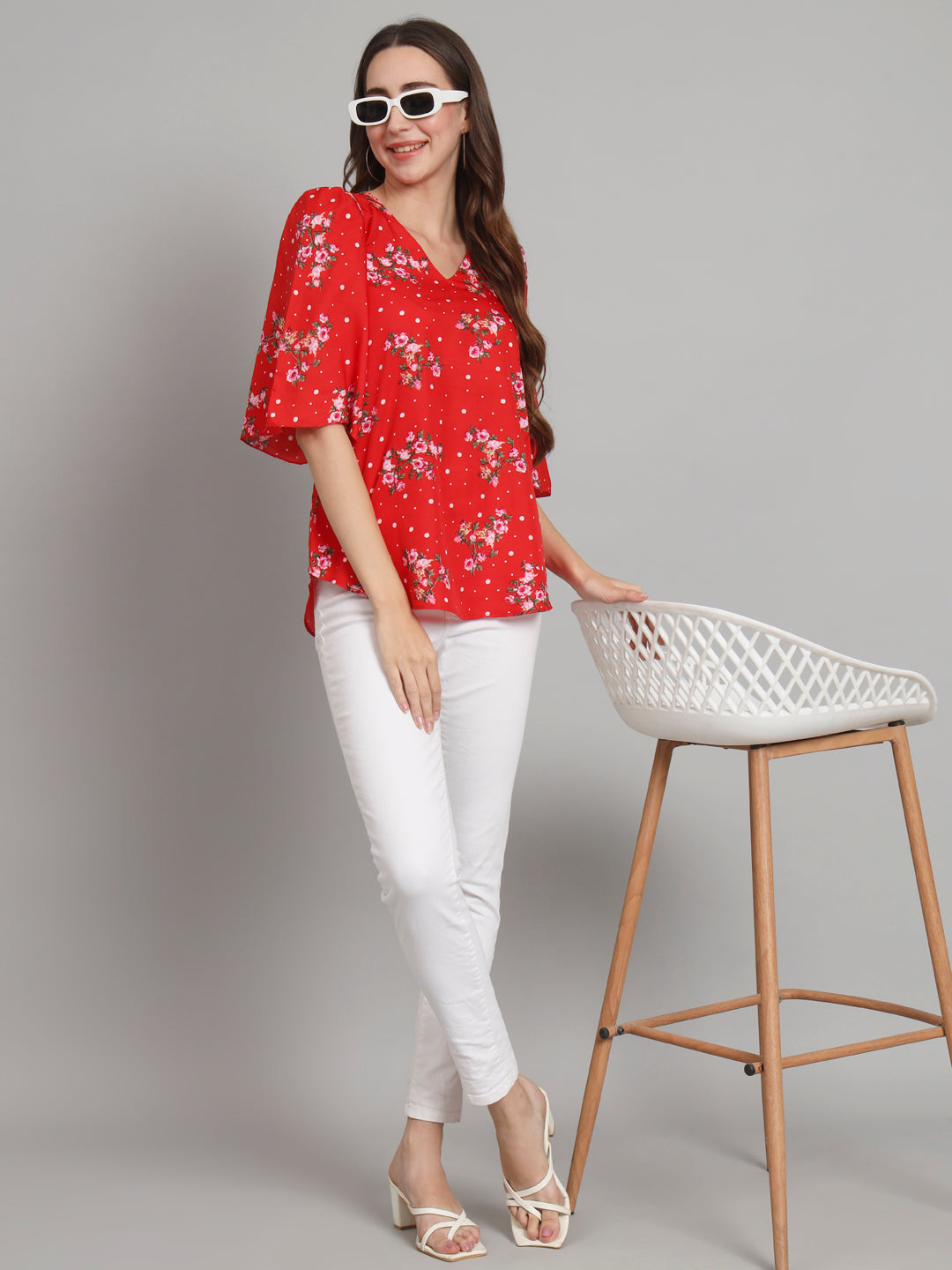 Curvydobe Red Polka dot printed Bell Sleeves top