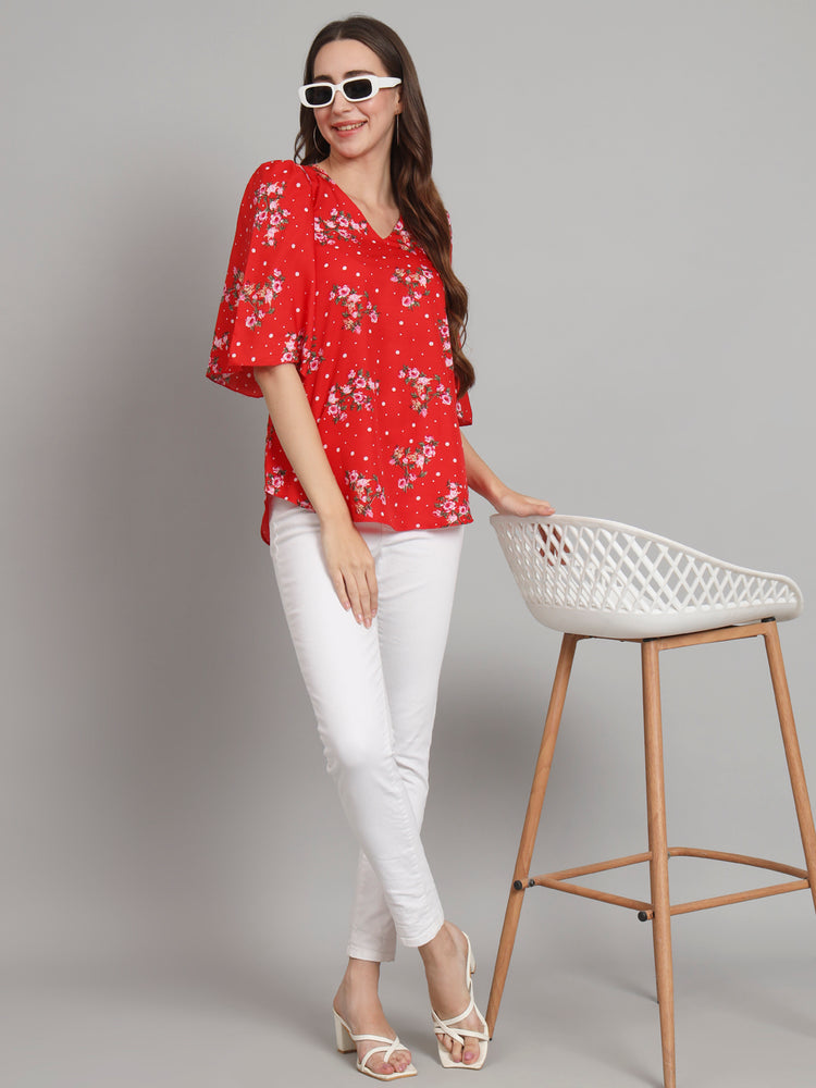 Curvydrobe Red Polka dot printed Bell Sleeves top