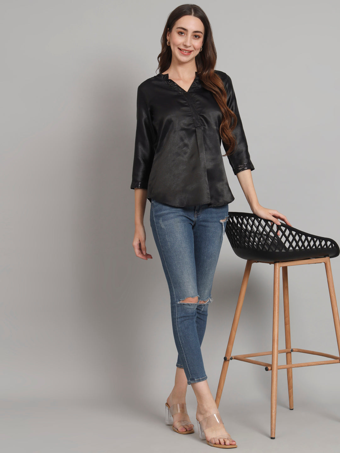 Curvydobe Black Mandrain Collar placket Top