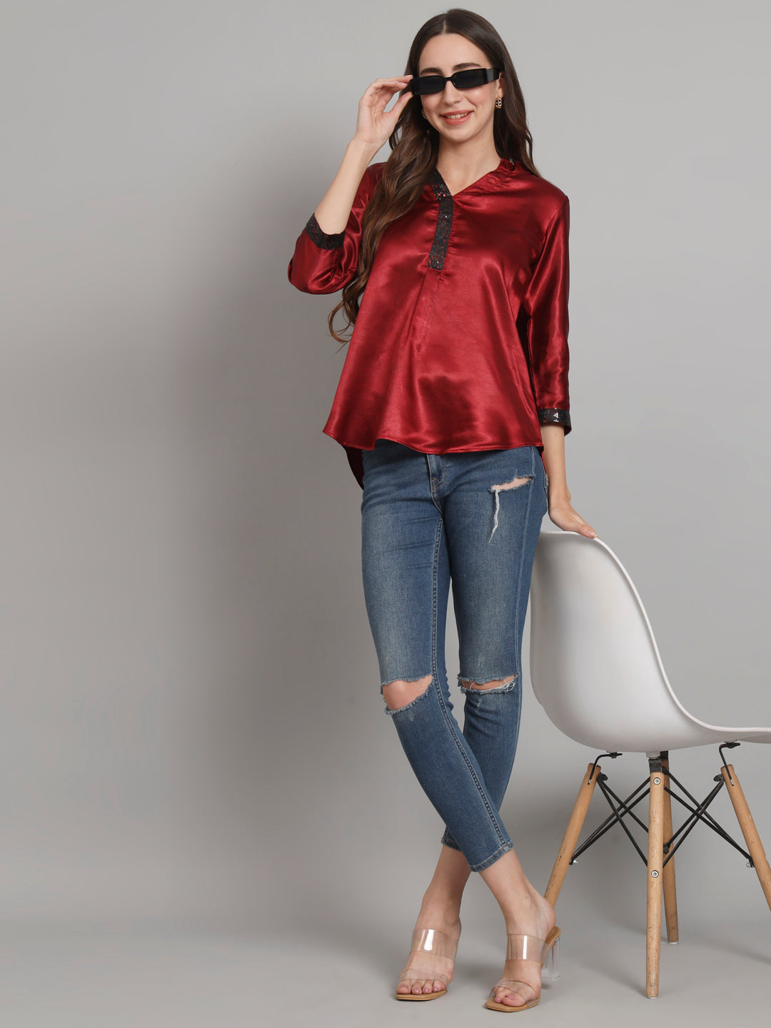 Curvydobe Maroon Mandrain Collar placket Top