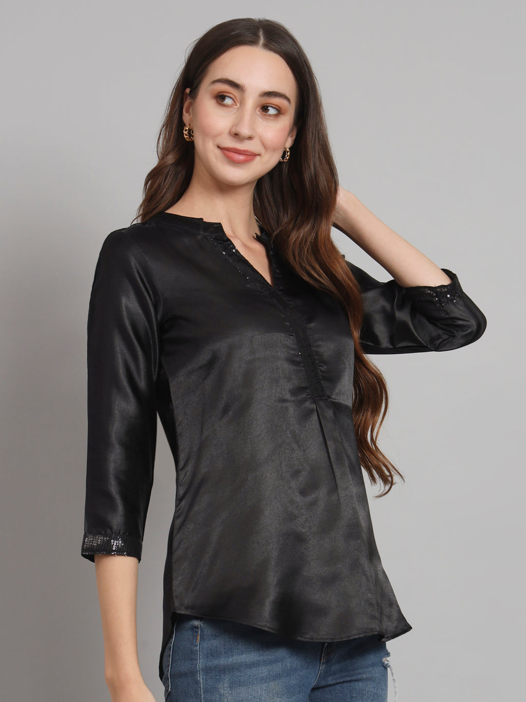 Curvydobe Black Mandrain Collar placket Top
