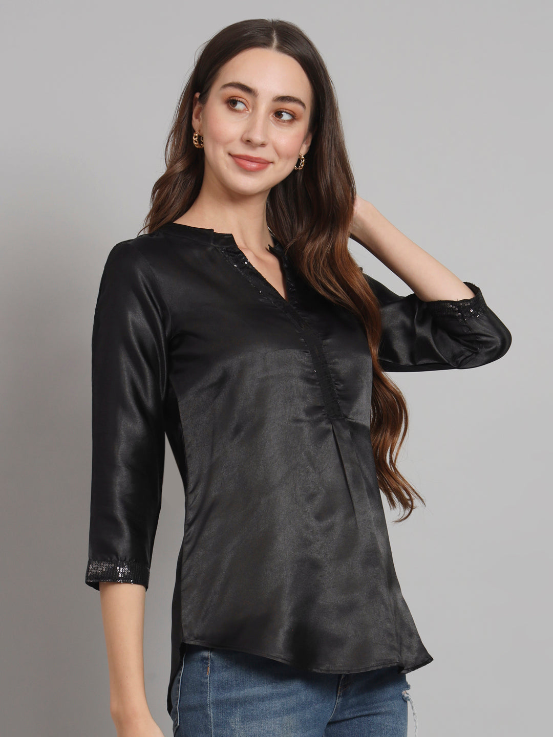 Curvydobe Black Mandrain Collar placket Top