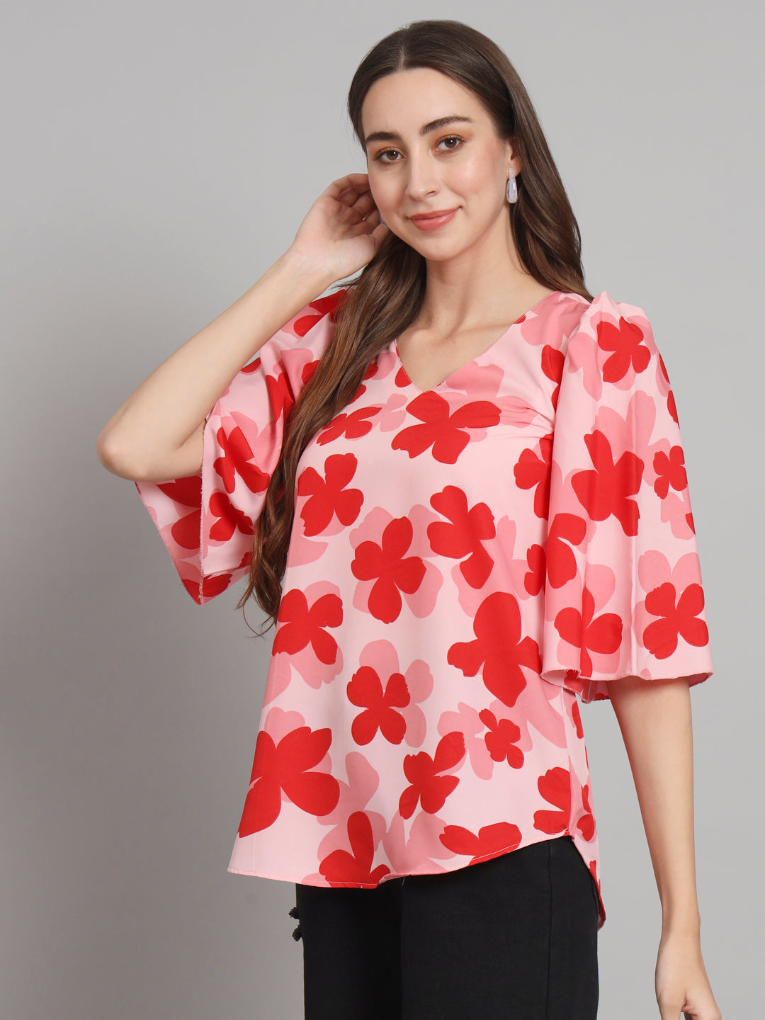 Curvydobe Pink floral print Bell Sleeves top