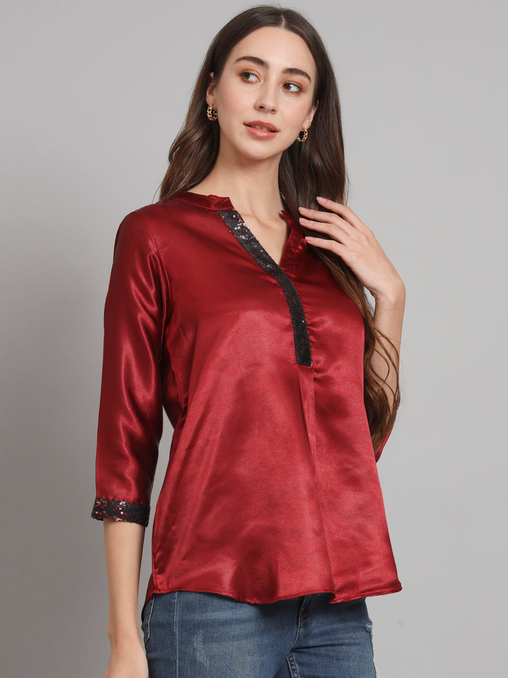 Curvydobe Maroon Mandrain Collar placket Top