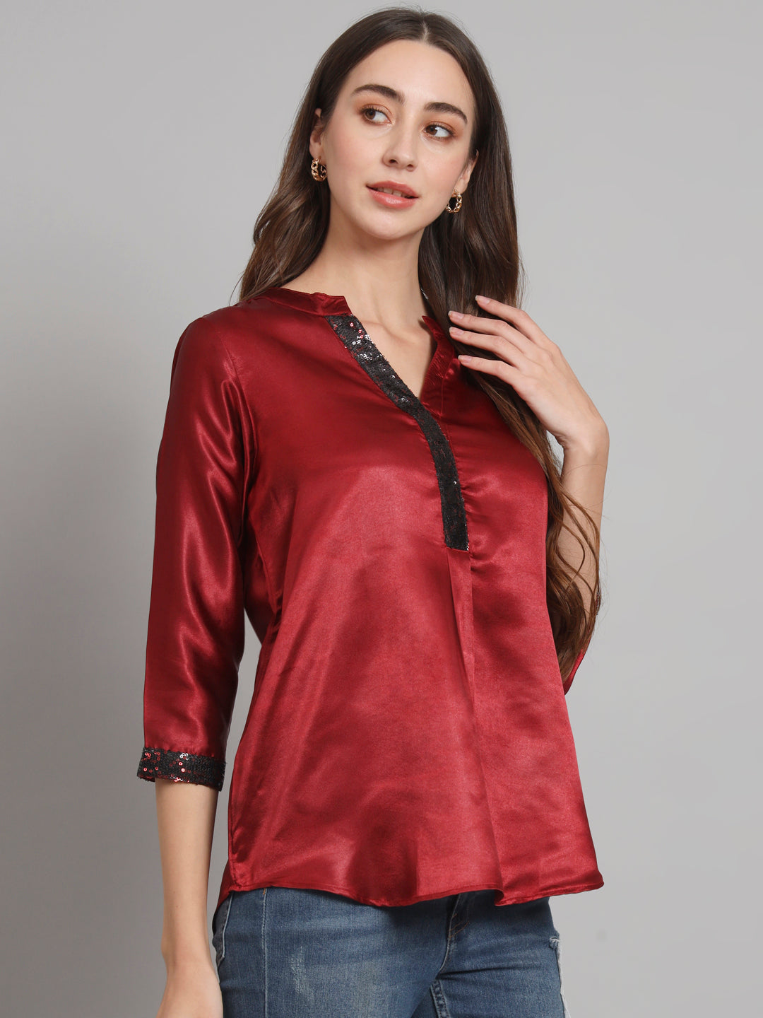 Curvydobe Maroon Mandrain Collar placket Top