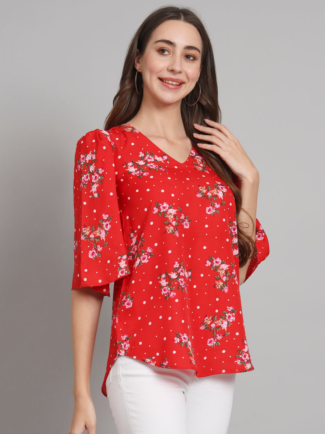 Curvydobe Red Polka dot printed Bell Sleeves top
