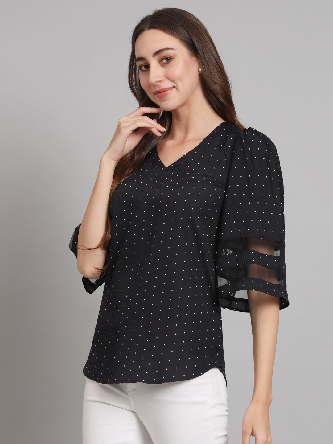 Curvydobe Black Polka dot print Bell Sleeves top