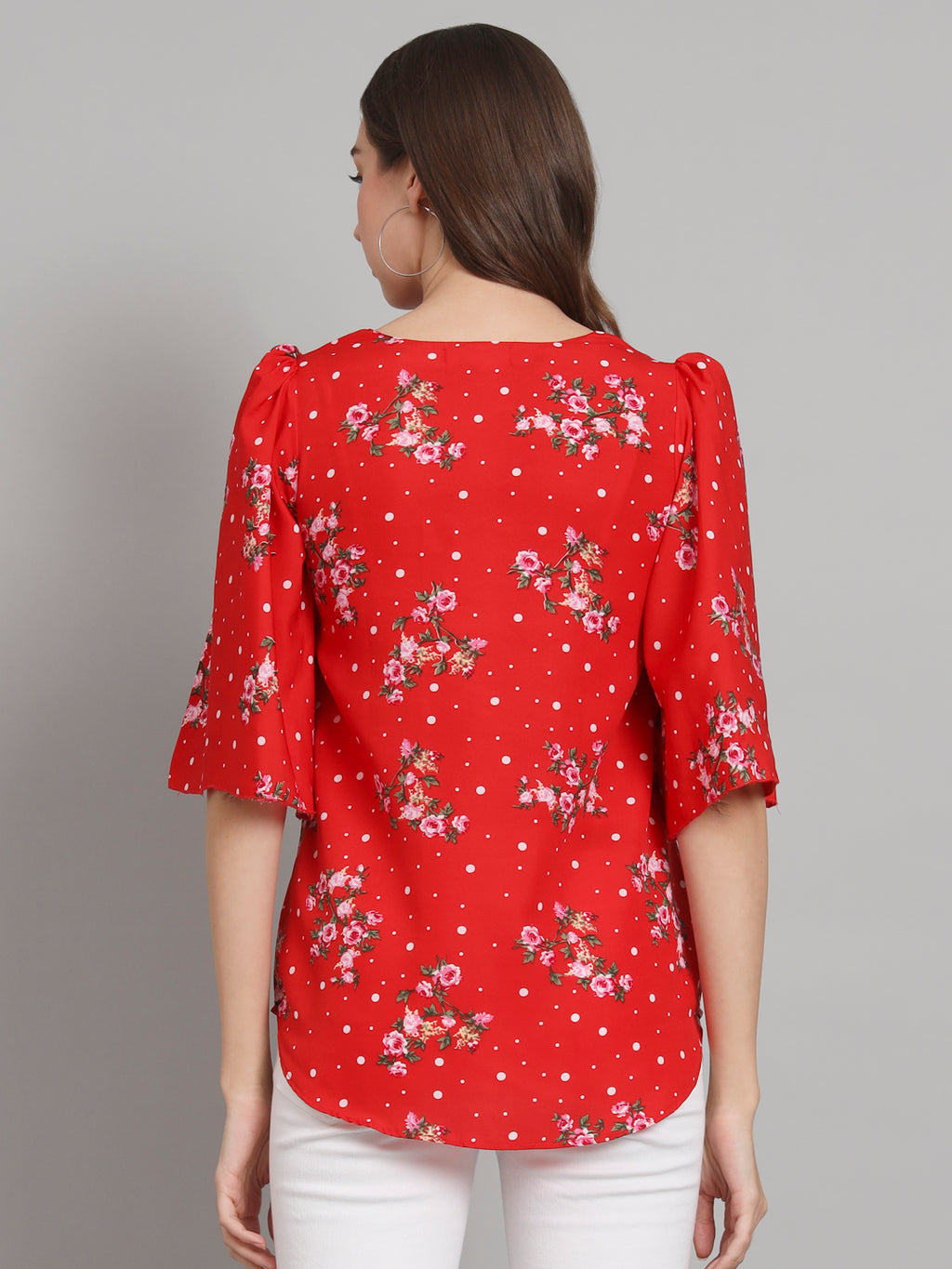 Curvydobe Red Polka dot printed Bell Sleeves top