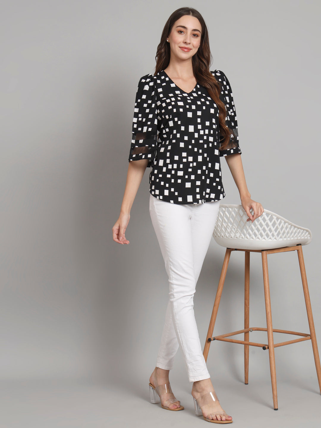 Curvydobe Black Geometric print Bell Sleeves top