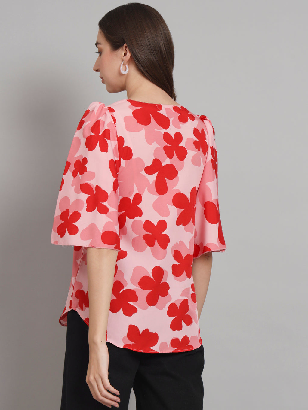 Curvydobe Pink floral print Bell Sleeves top