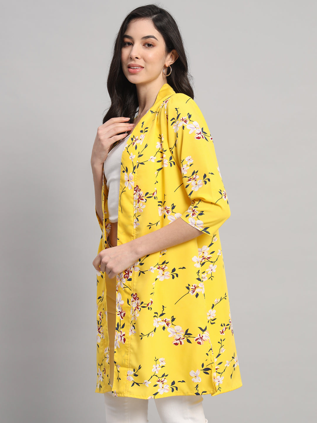 Curvydobe Womens Yellow Floral Print Front-Open Shrug