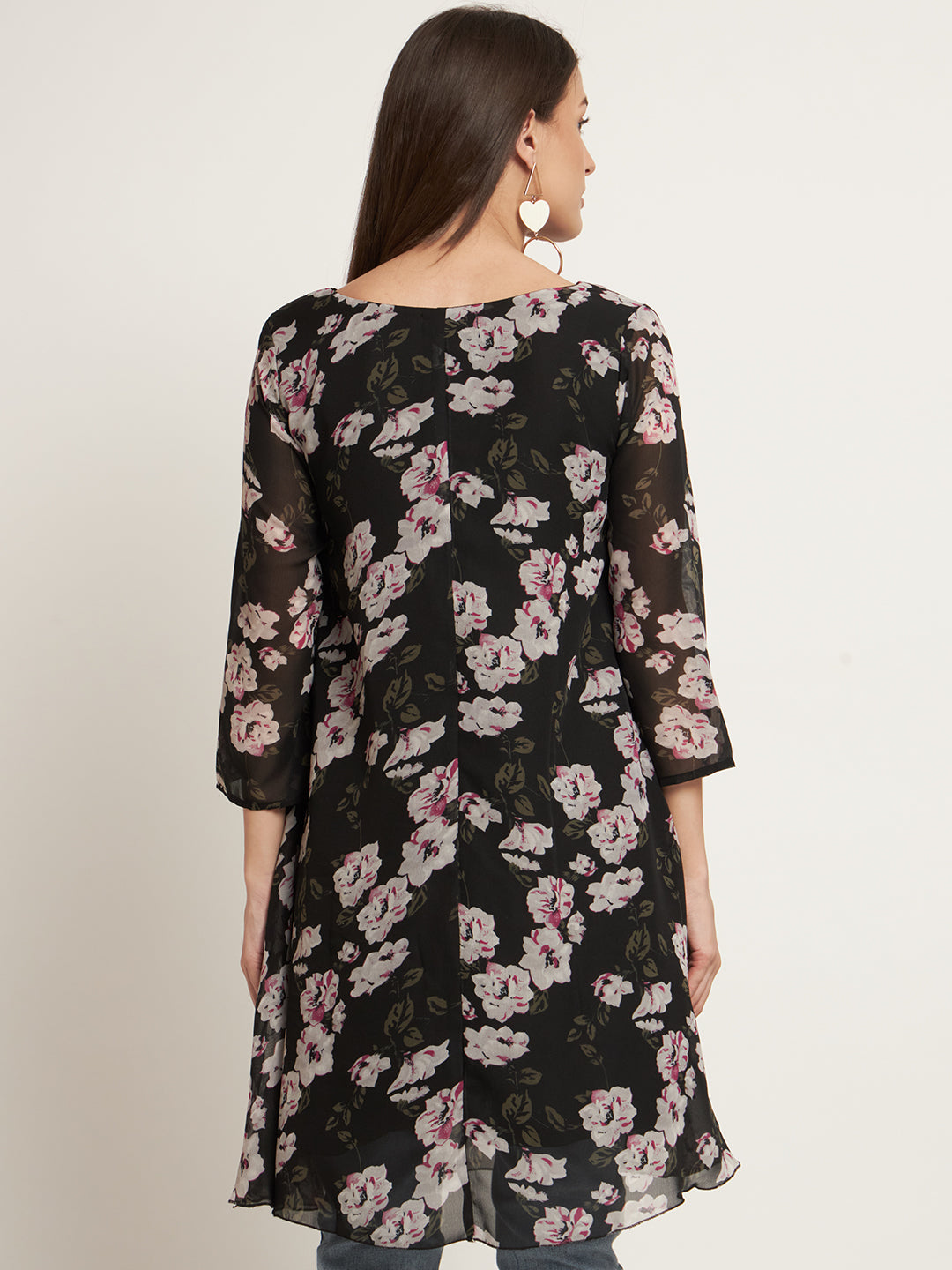 Curvydrobe Black floral print v neck dress with 3/4 sleeve