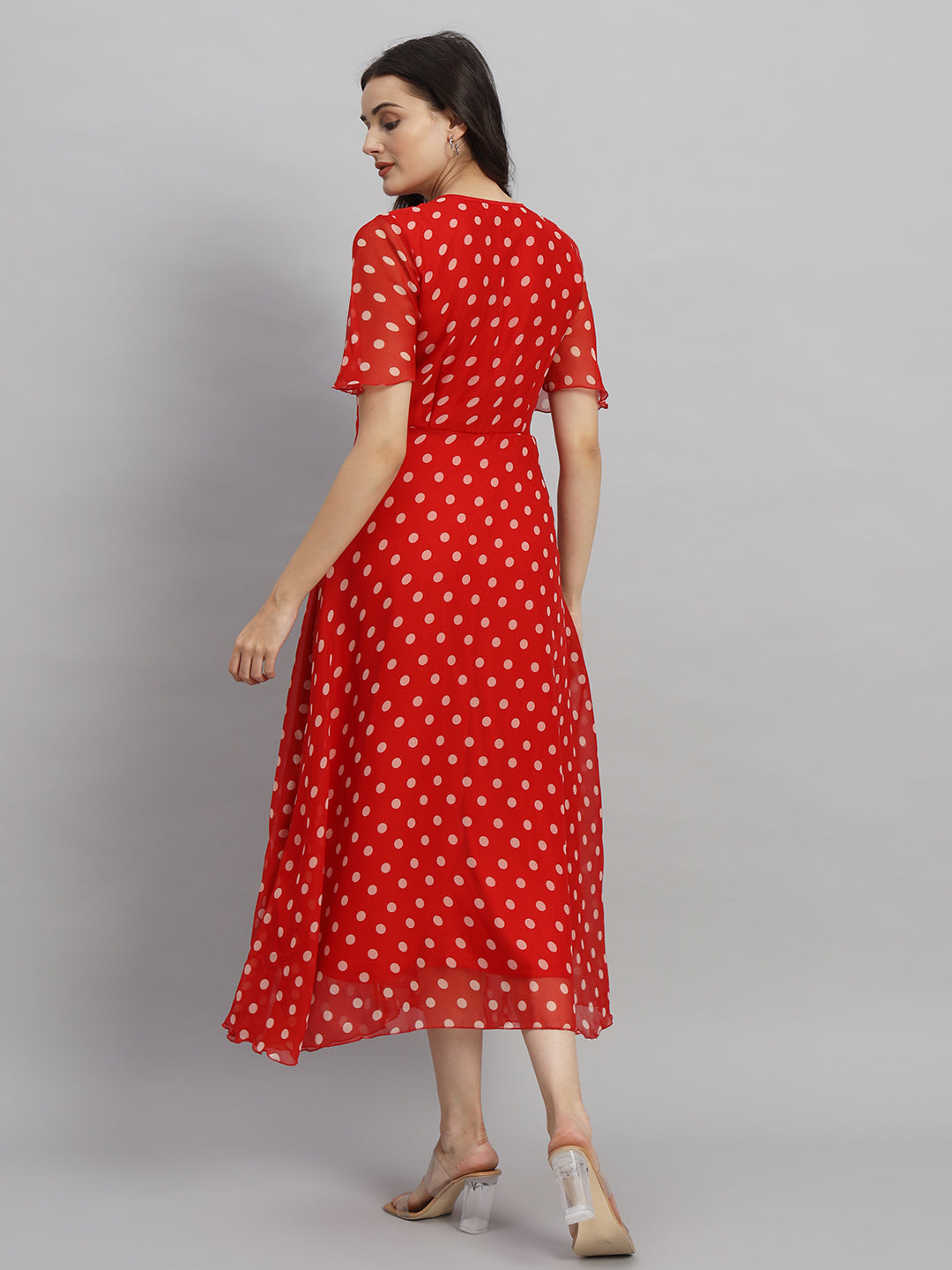 Red & White Polka Dot Printed Maxi A-Line Dress