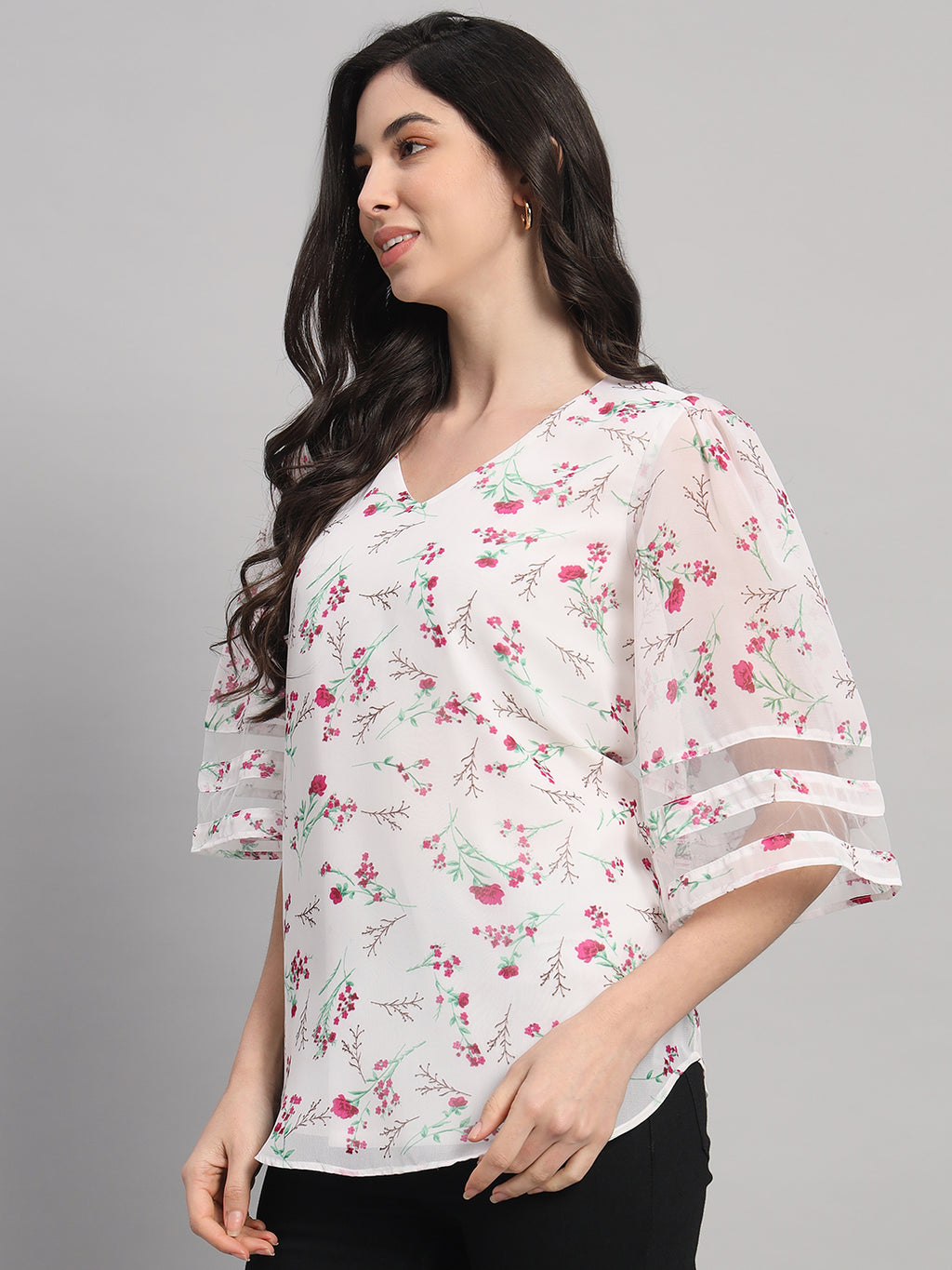 Curvydobe Womens White Floral Print V-Neck Top