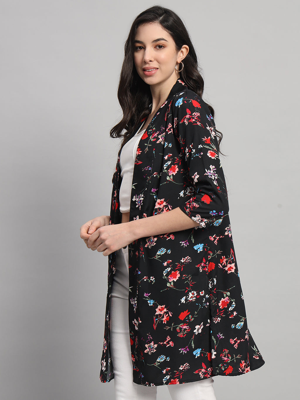 Curvydobe Womens Black Floral Printed Front-Open Shrug