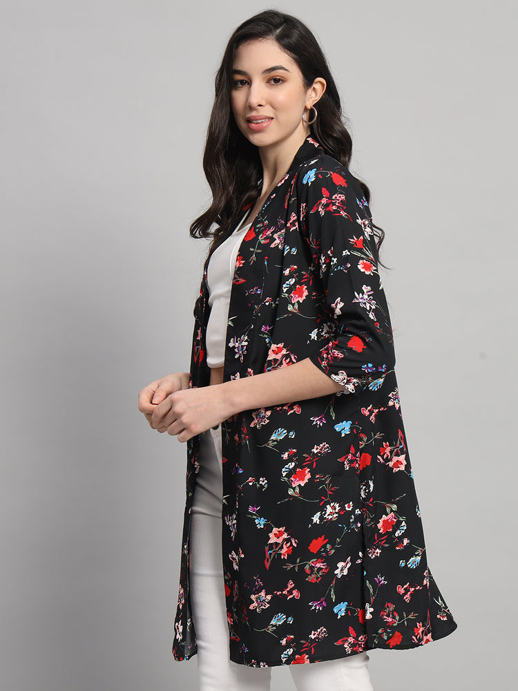 Curvydrobe Womens Black Floral Printed Front-Open Shrug