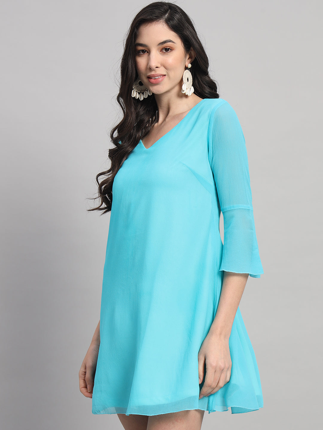 Curvydrobe Womens V Neck Turquoise blue A line Dress