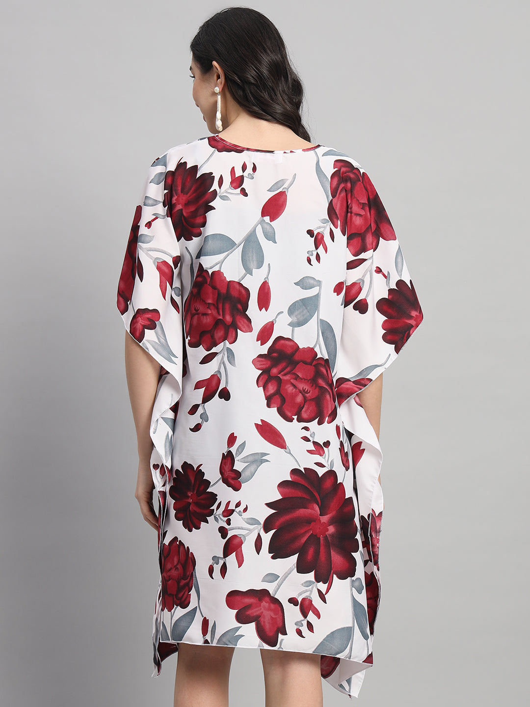 Curvydrobe Womens White Floral Print Kaftan V Neck