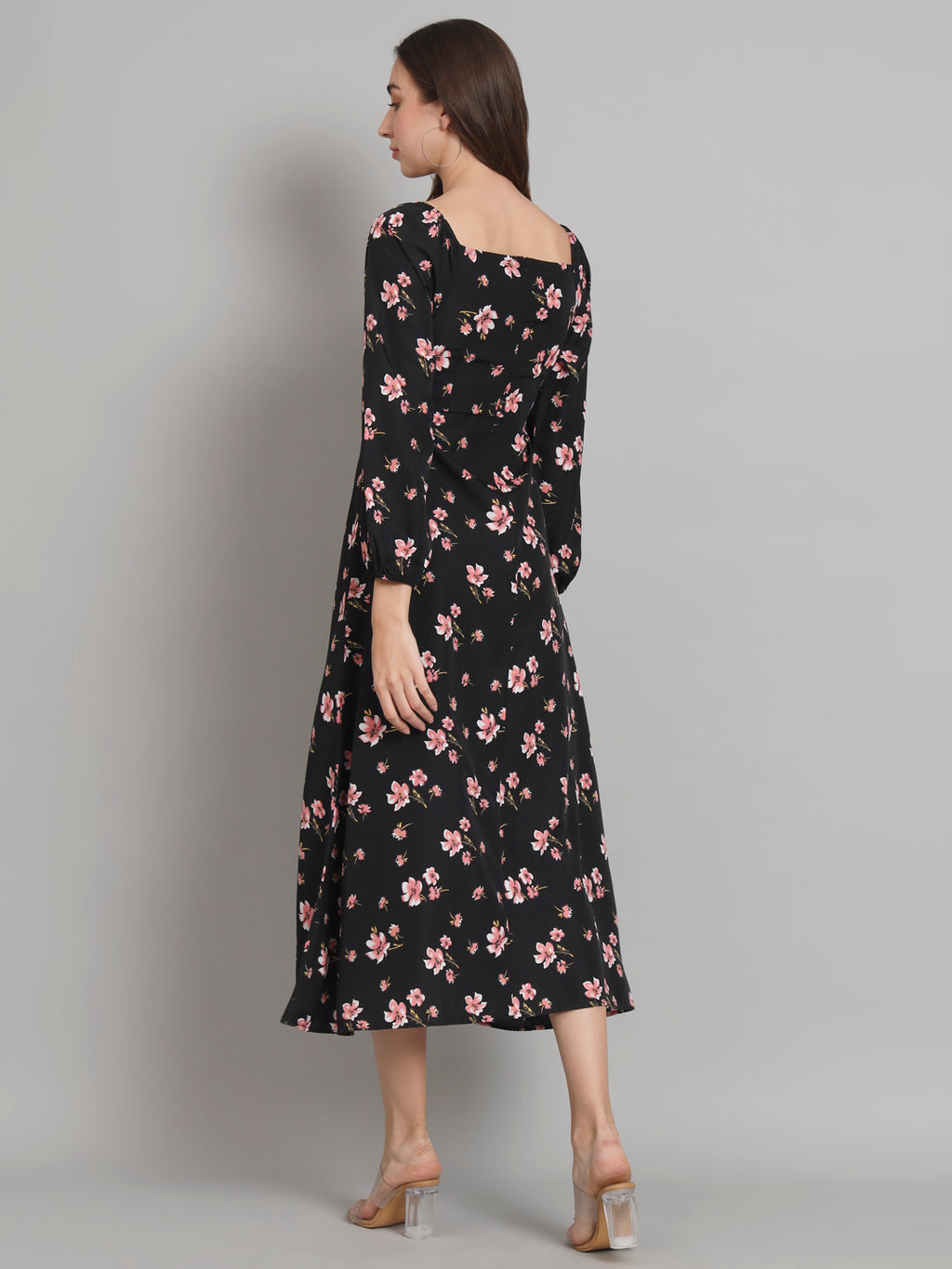 Curvydrobe Womens black floral longline with square neck and one thigh slit dress