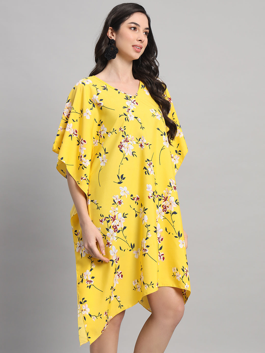 Curvydrobe Womens Yellow Floral Print Kaftan V Neck