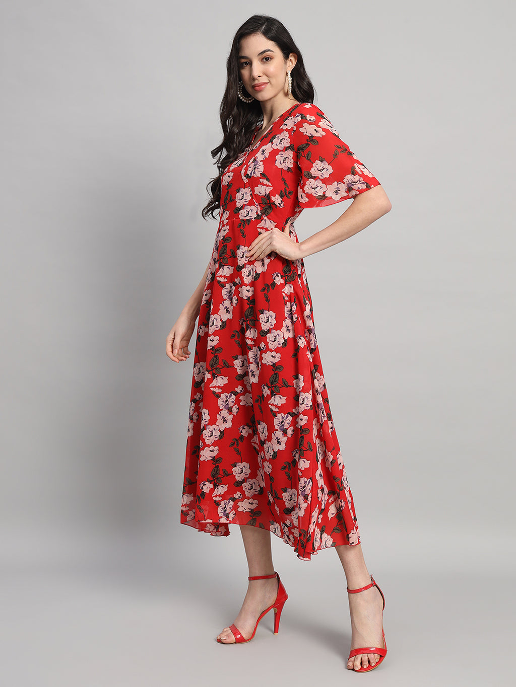Curvydrobe Womens Red Floral Print Fit & Flare Dress