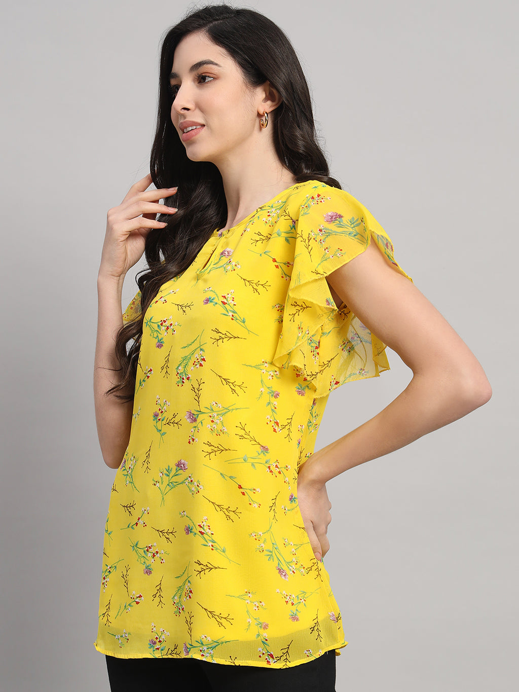 Curvydobe Yellow Floral Print V-Neck Top