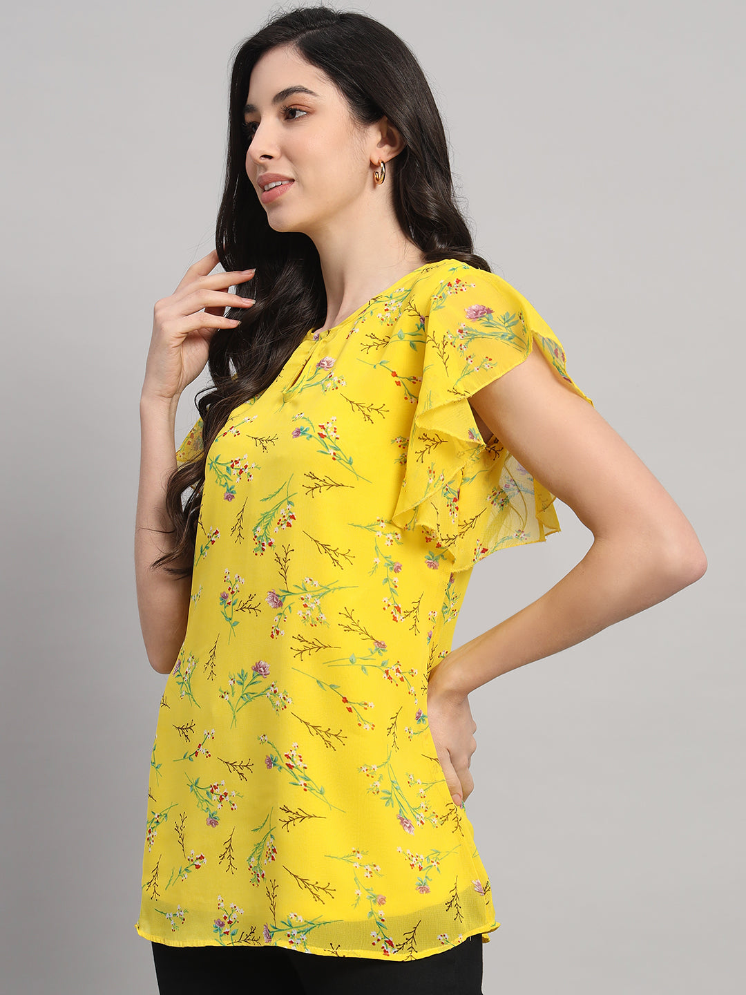 Curvydobe Yellow Floral Print V-Neck Top