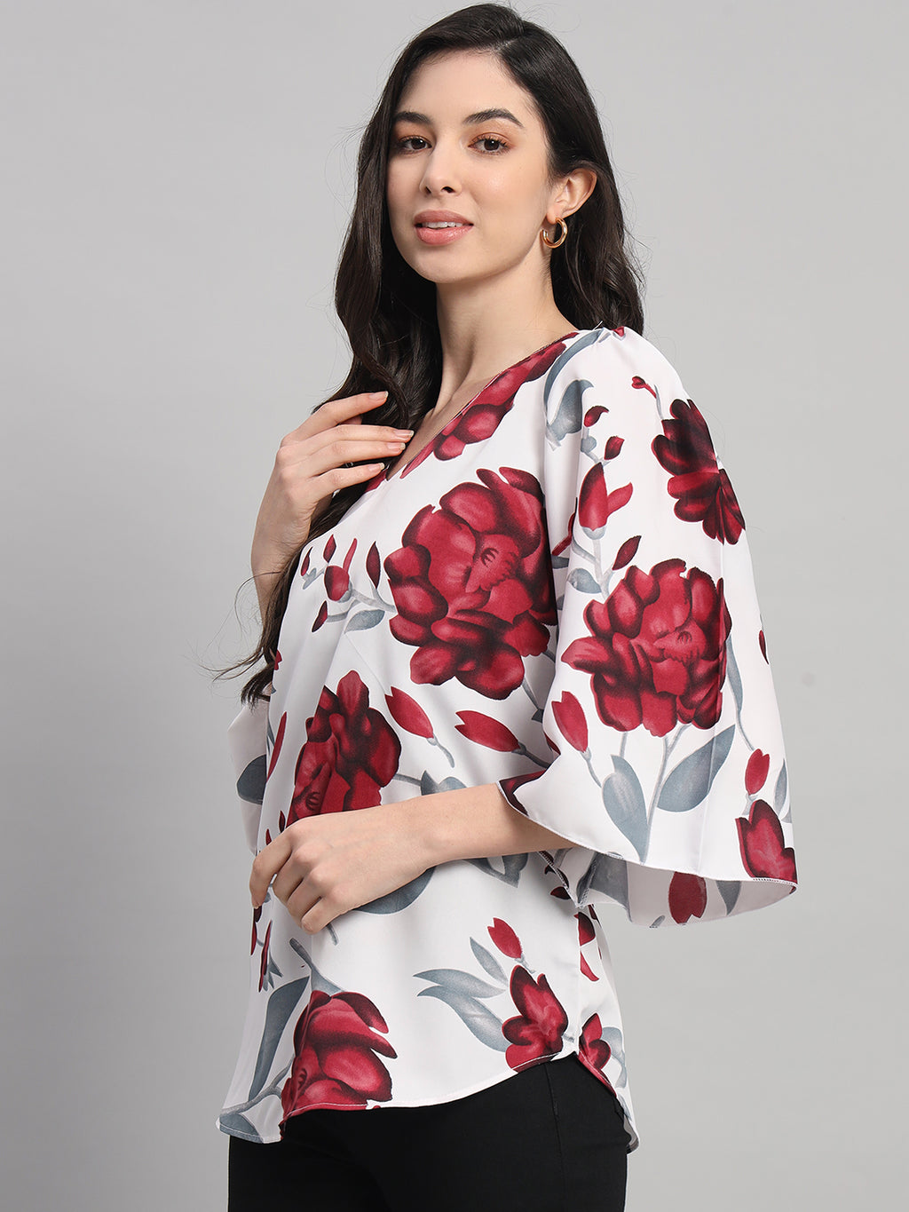 Curvydobe White Floral Print V-Neck Top