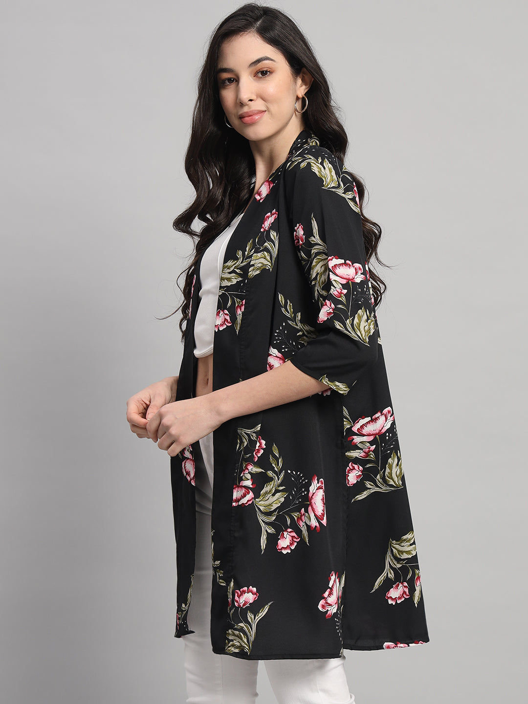 Curvydobe Womens Black Floral Print Front-Open Shrug