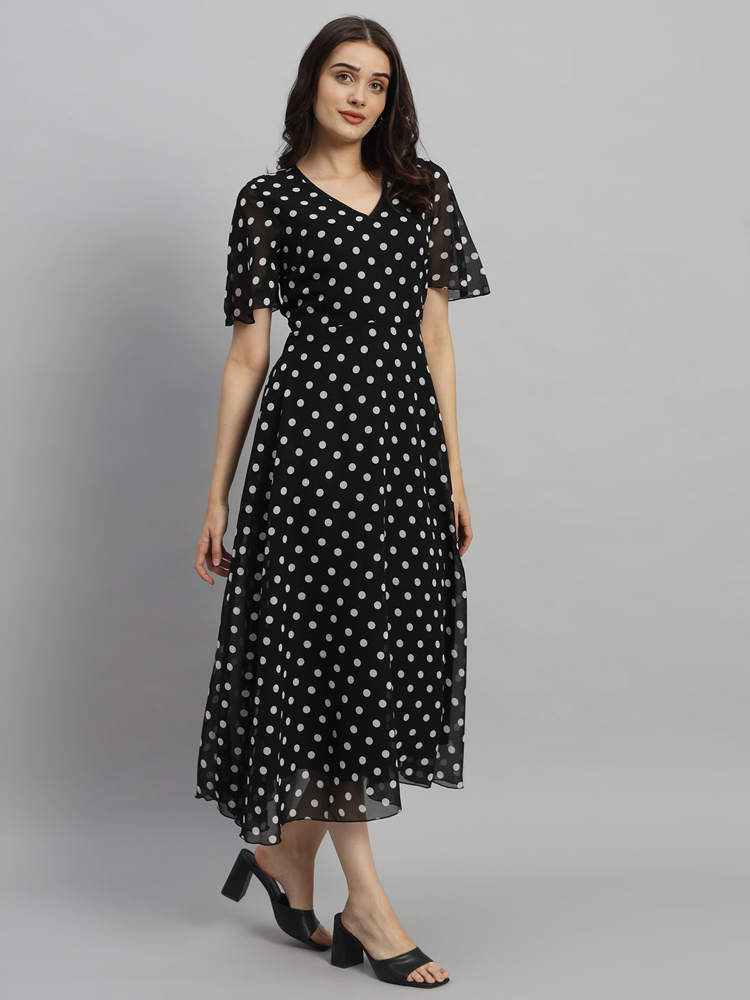 Black & White Polka Dot Printed Maxi A-Line Dress