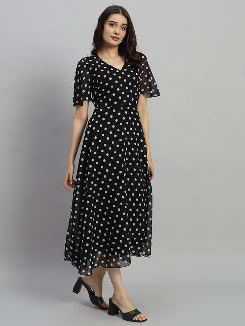 Black & White Polka Dot Printed Maxi A-Line Dress
