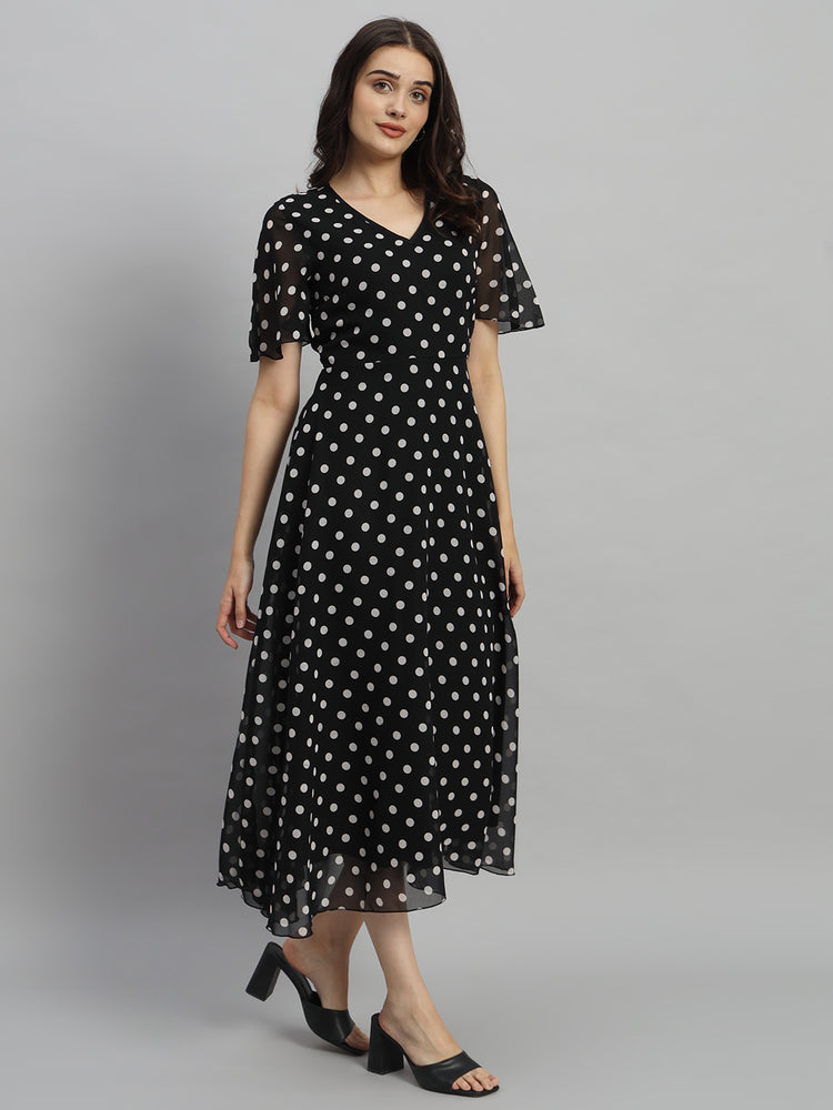 Black & White Polka Dot Printed Maxi A-Line Dress