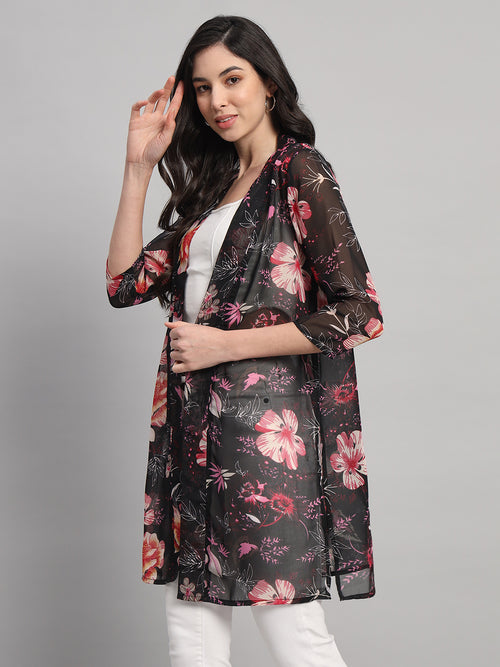 Curvydobe Black Floral Print Front-Open Shrug