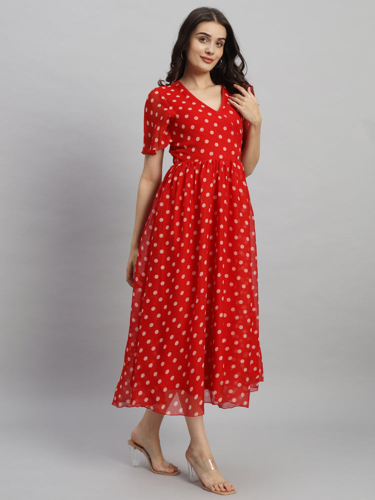 Curvydrobe Women Red Polka Dot Print A-Line Dress