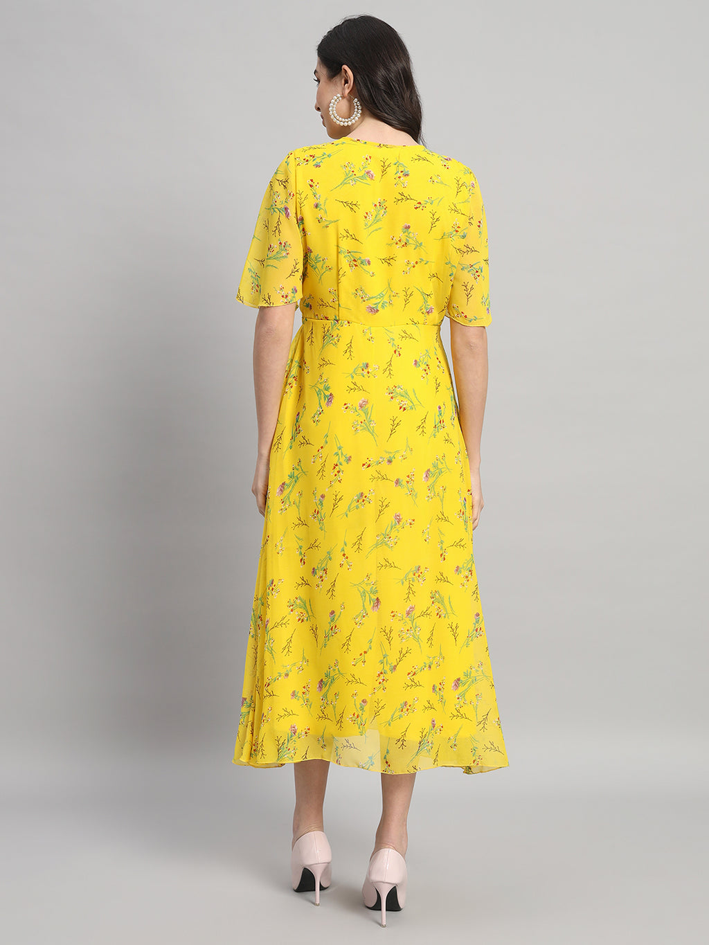 Curvydrobe Womens Yellow Floral Print Fit & Flare dress