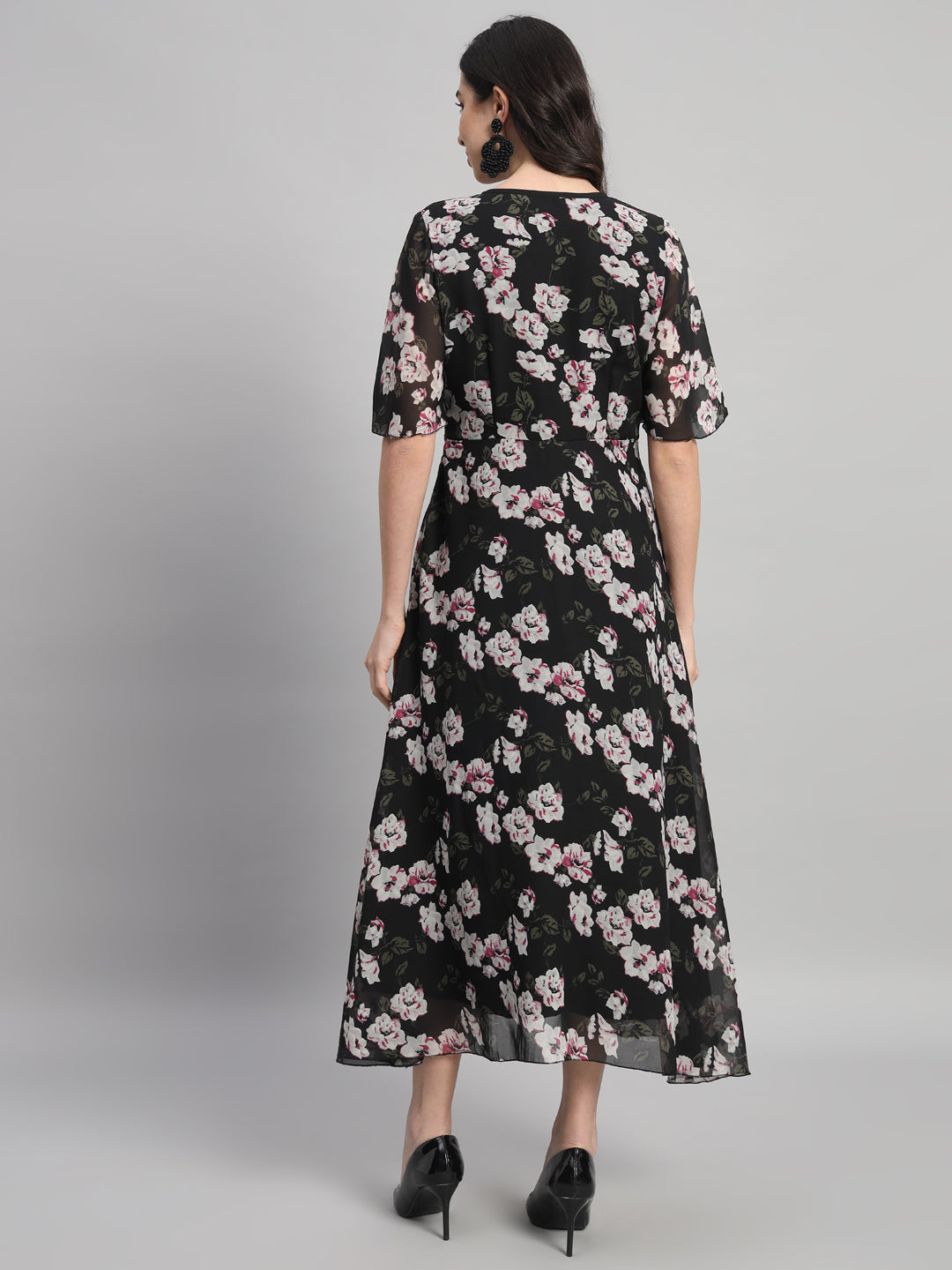 Curvydrobe Womens Black Floral Print Fit & Flare Dress
