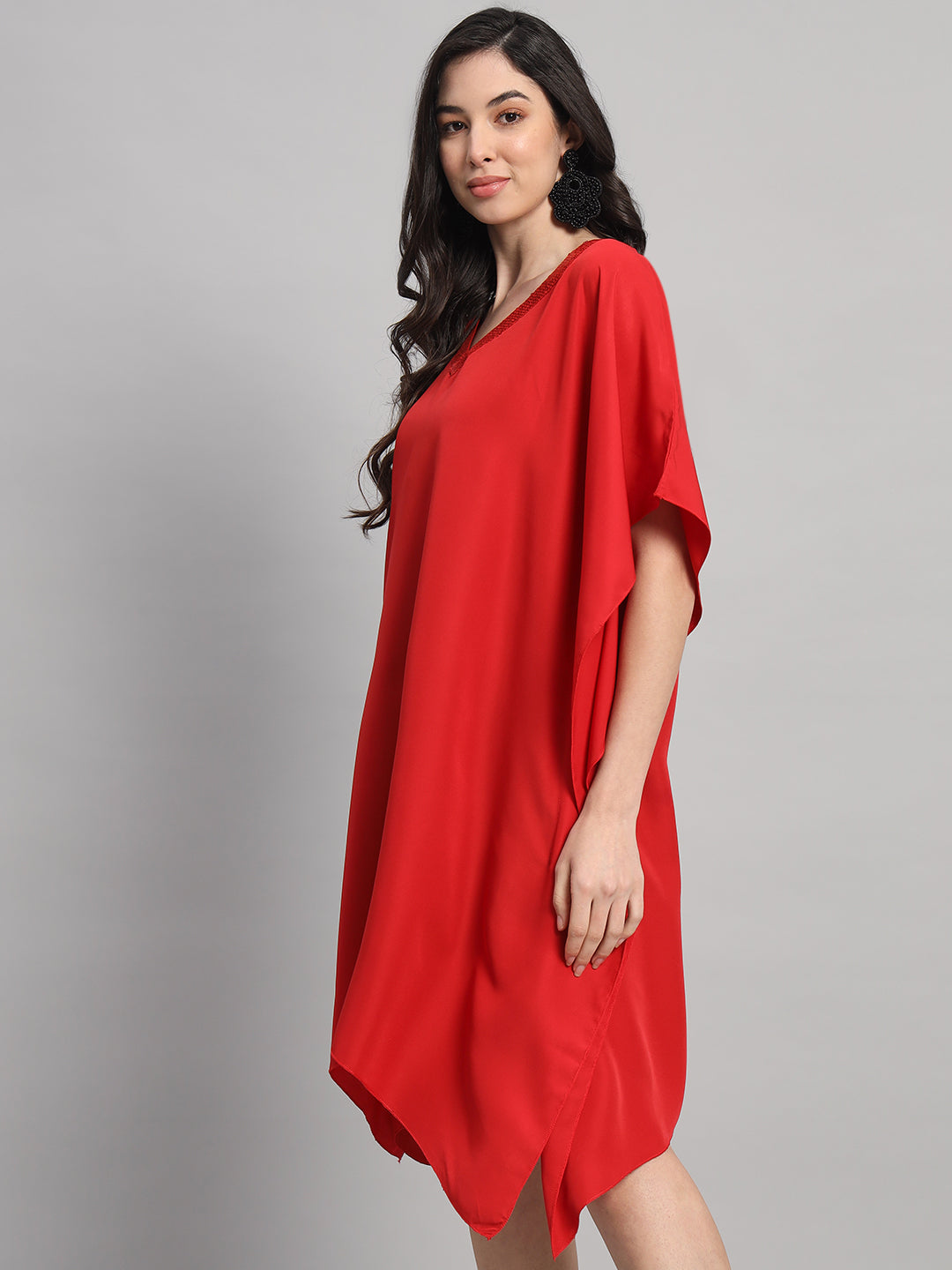 Curvydrobe Women Solid Red Seqwined V-Neck Kaftan