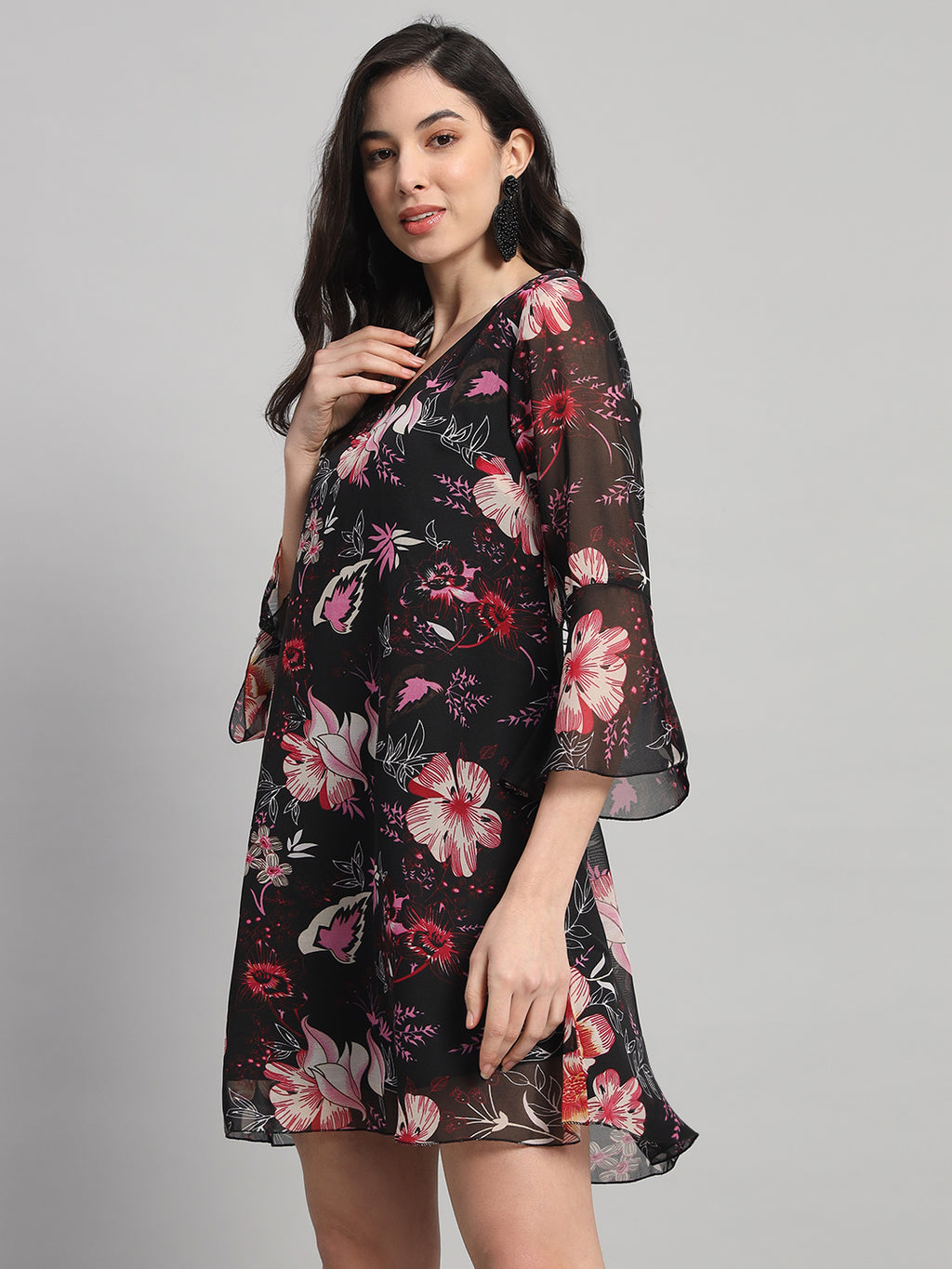 Curvydrobe Womens Black Floral Print A line Dress