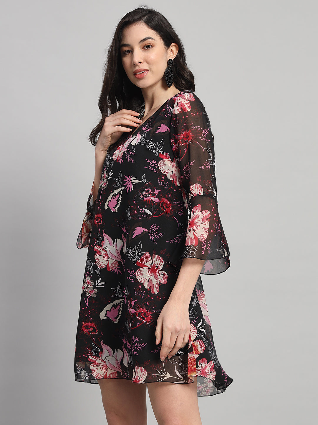 Curvydrobe Womens Black Floral Print A line Dress