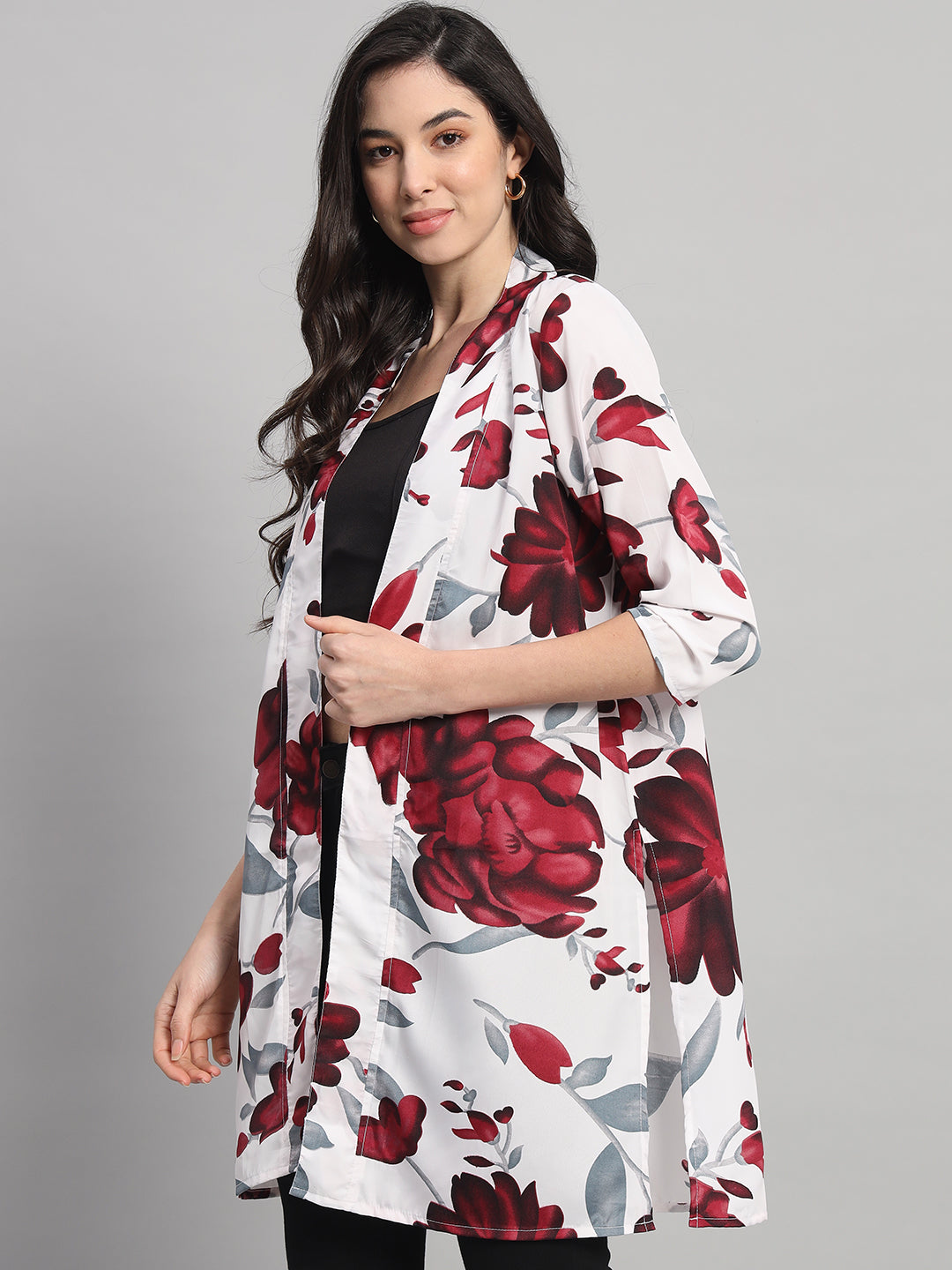 Curvydobe Womens White Floral Print Front-Open Shrug
