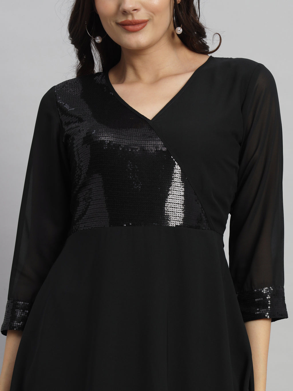 Curvydrobe Women Solid Black Siqwined Fit & Flare Dress